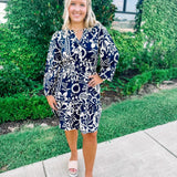 Fall Tropics Printed Dress in Navy