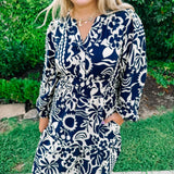 Fall Tropics Printed Dress in Navy