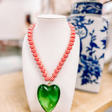 Hart Designs: Red Stripe Bubble Necklace with Green Heart
