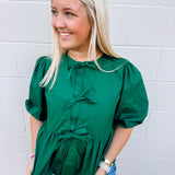 Button + Bows Top in Hunter Green