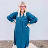 Fall in the City Teal Striped Midi Dress