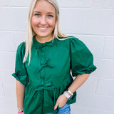 Button + Bows Top in Hunter Green