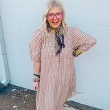 Sweetheart Gingham Midi Dress in Taupe
