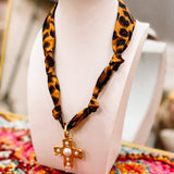 Leopard Silk Scarf Necklace with Pearl Cross Charm
