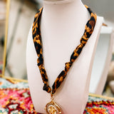 Leopard Silk Scarf Necklace with Gold Abstract Charn